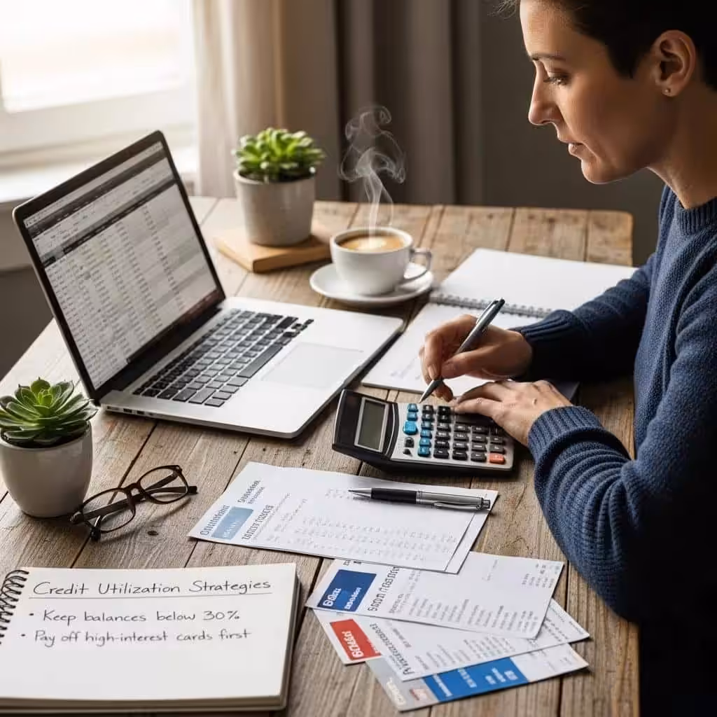 Person budgeting with a calculator and credit card statements, illustrating strategies for maintaining low credit utilization