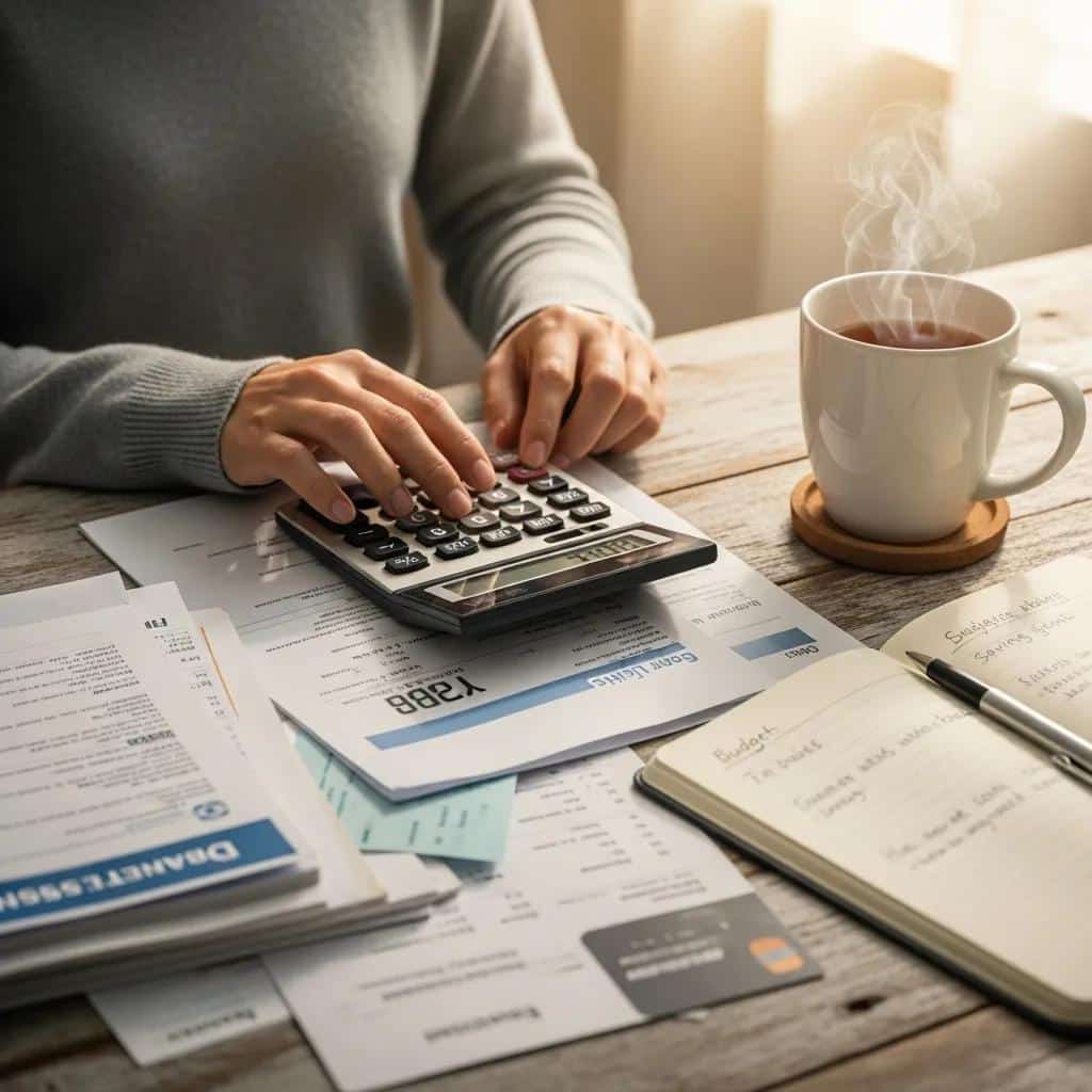 Person calculating credit score with financial documents and a calculator in a cozy home office