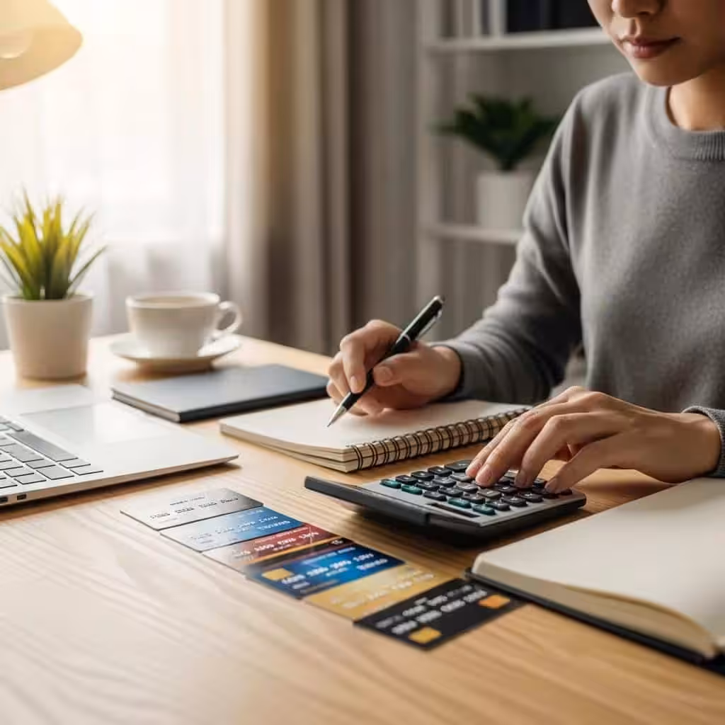 Person calculating credit utilization ratio with credit cards and a calculator, highlighting financial responsibility