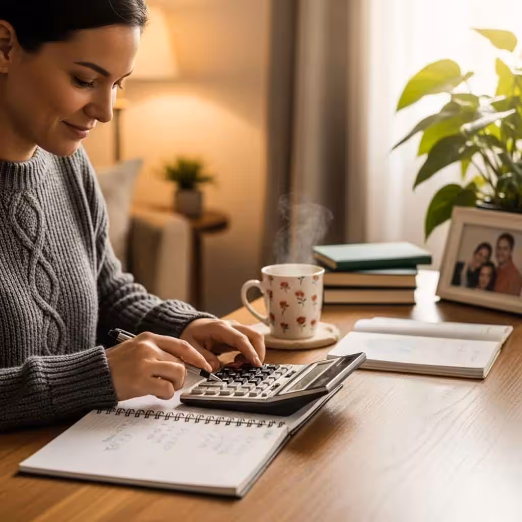 Person calculating debt-to-income ratio at a desk with a calculator and notebook