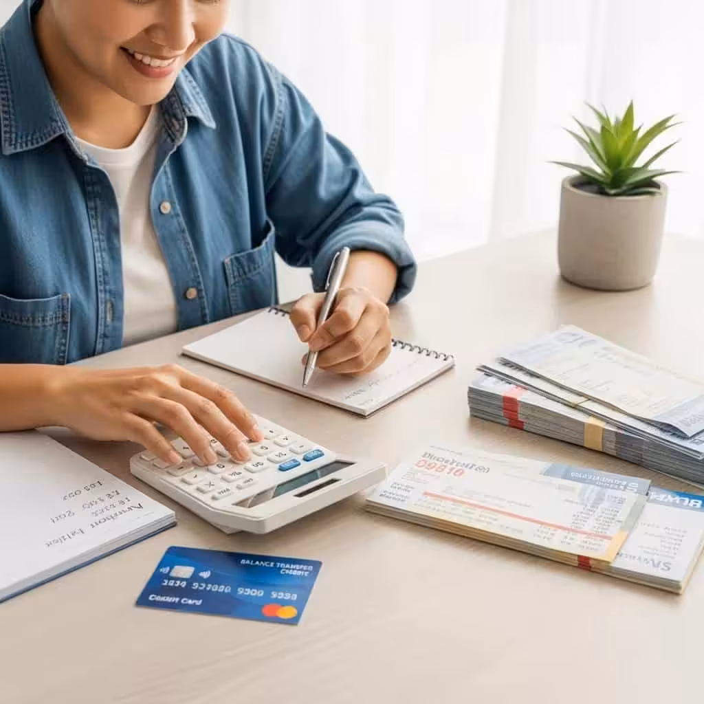 Person calculating savings with a balance transfer credit card and bills on the table
