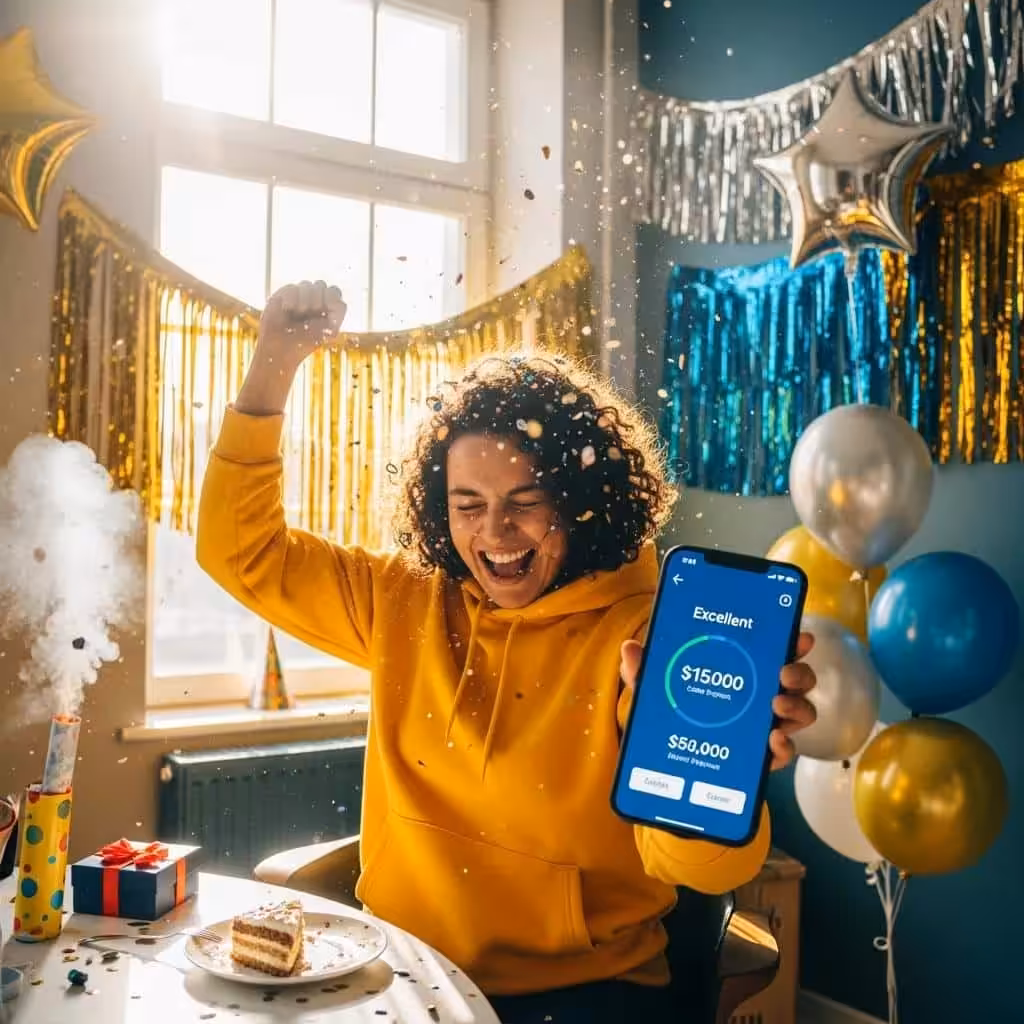 Person celebrating credit score improvement, illustrating the success of credit repair in debt consolidation