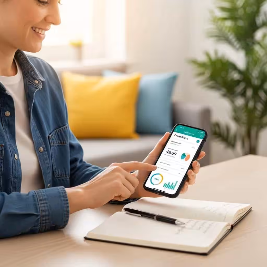 Person checking credit score on smartphone in a bright living space, representing credit improvement