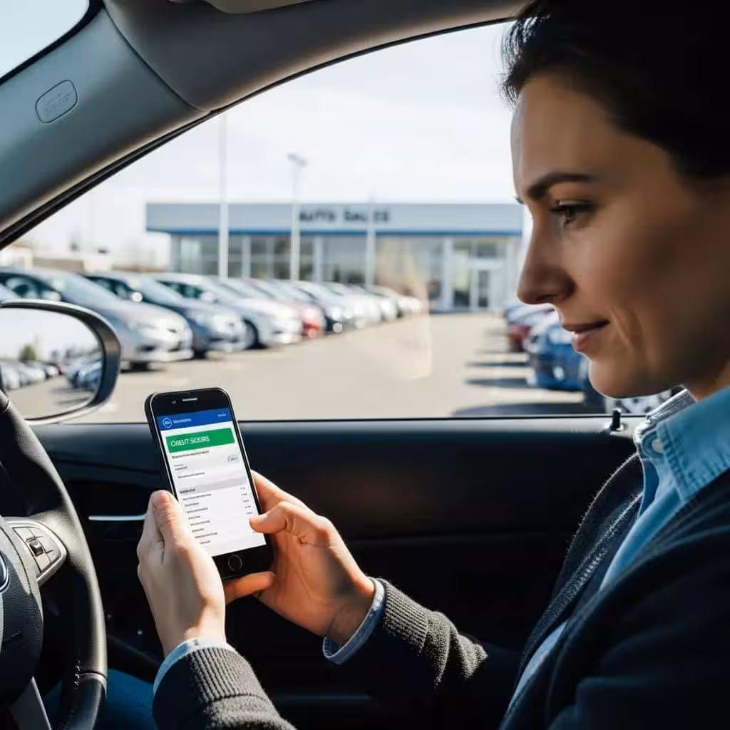 Person checking credit score on smartphone in a car dealership setting