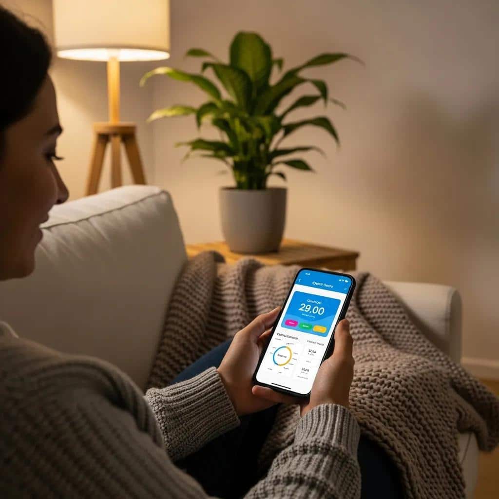 Person checking credit score on smartphone in a cozy living room