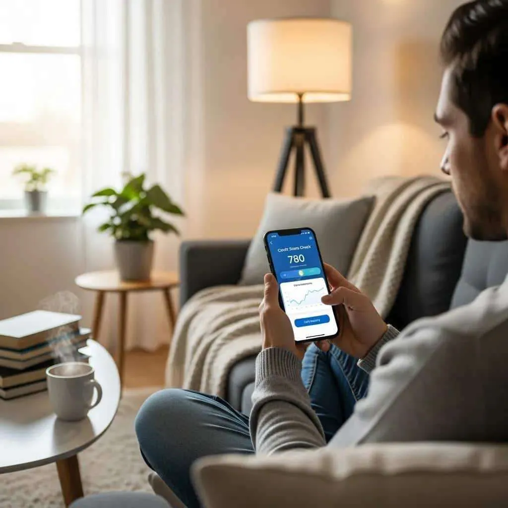 Person checking credit score on smartphone in a cozy living room, representing soft credit inquiries