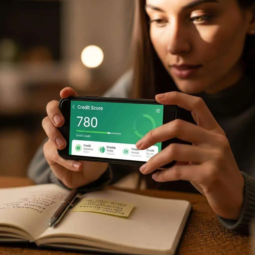 Person checking credit score on smartphone with notepad and pen nearby