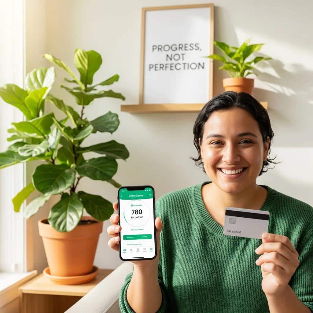 Person checking credit score with secured credit card in hand