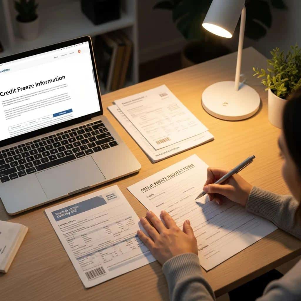 Person completing a credit freeze request form, illustrating the process of securing credit