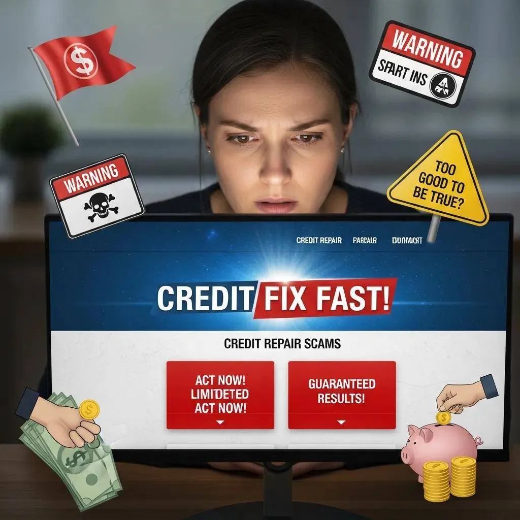 Person concerned about credit repair scams, focusing on warning signs and red flags on a computer screen