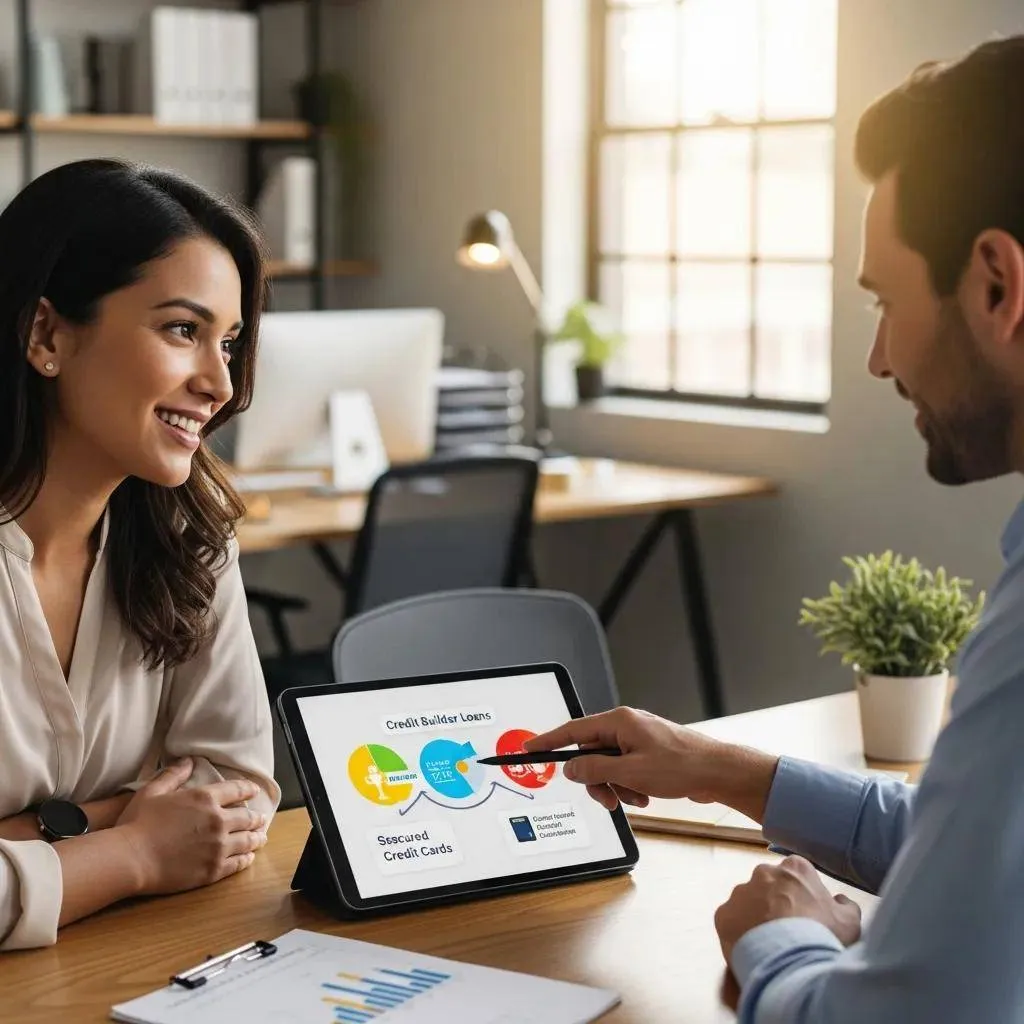 Person consulting with a financial advisor about credit builder loans in a modern office setting