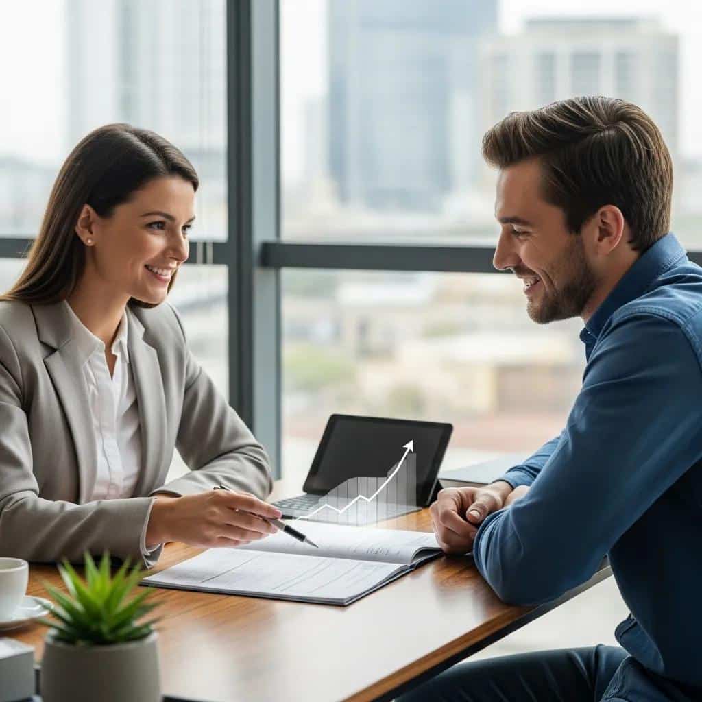 Person discussing finances with a financial advisor in a bright office