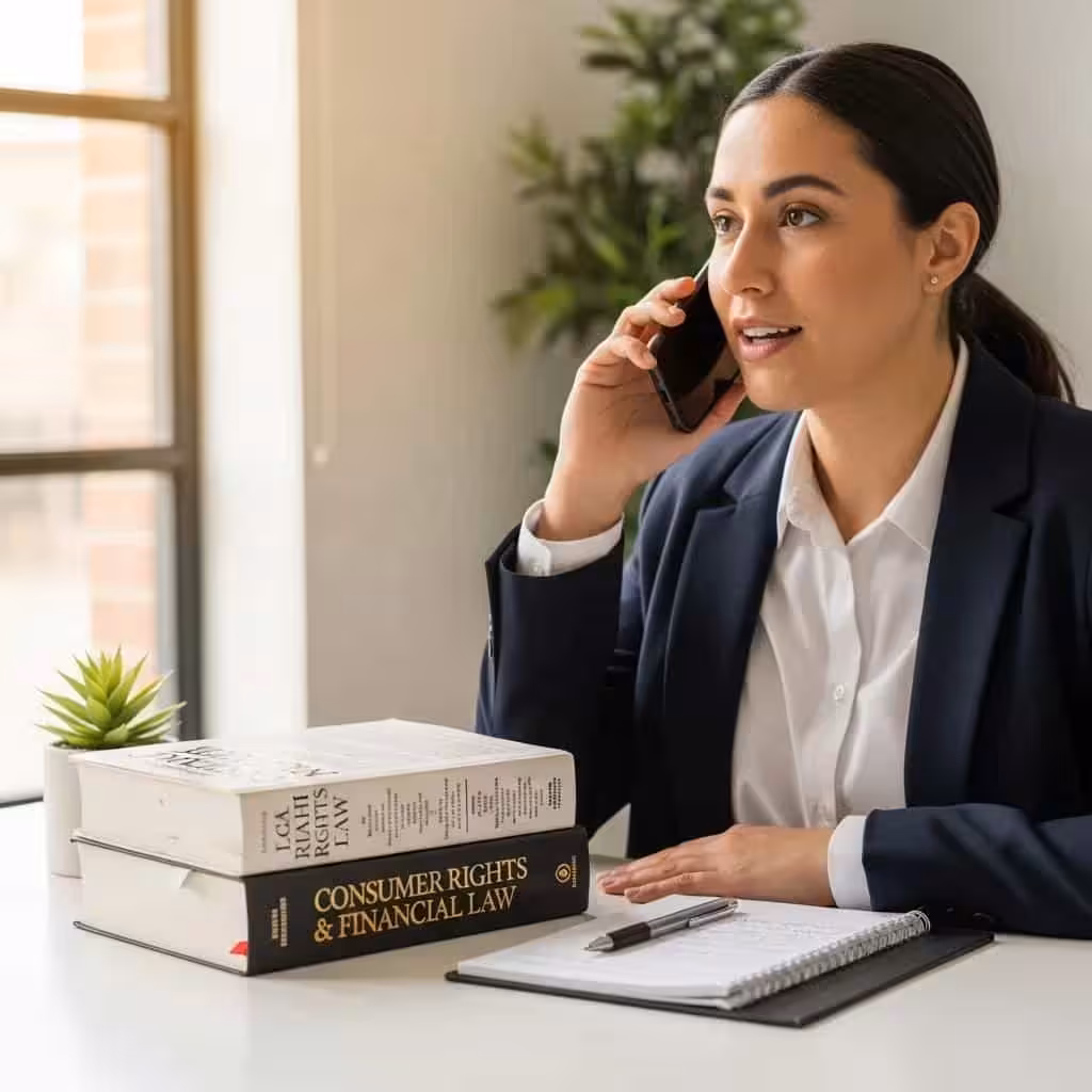Person discussing financial rights on the phone with legal materials on the table, representing consumer empowerment
