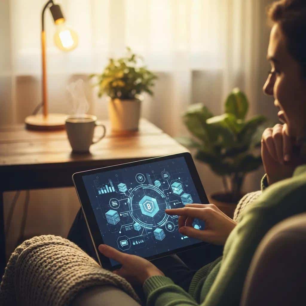 Person engaging with blockchain technology concepts in a cozy environment