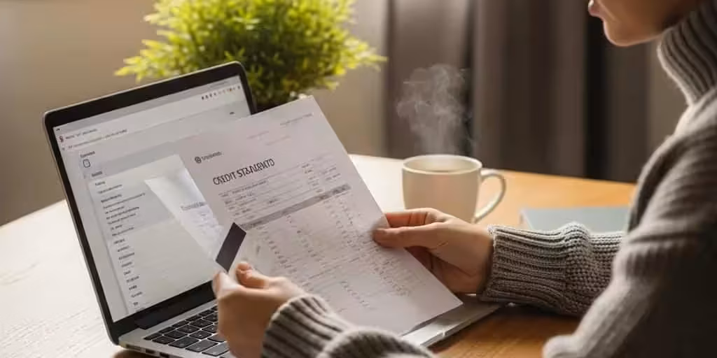 Person managing finances with credit card statements and laptop in a cozy workspace