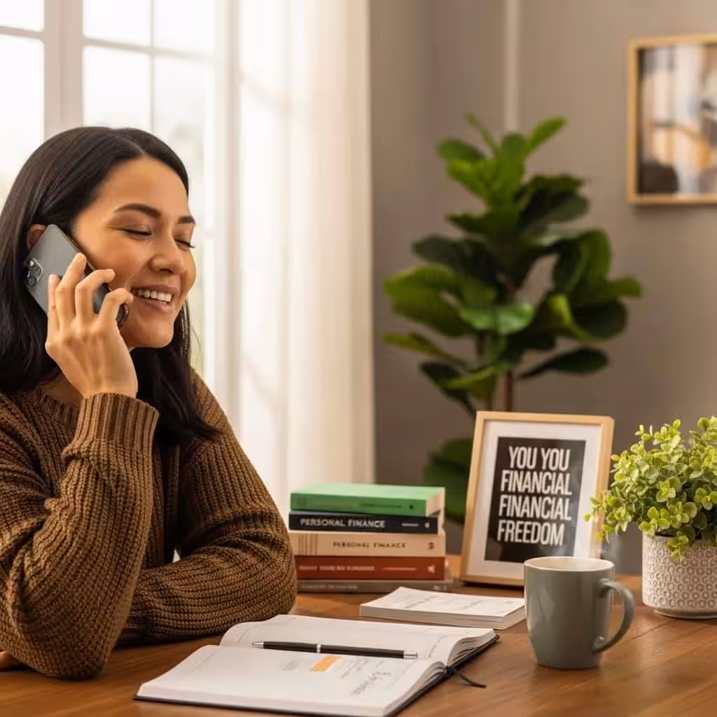 Person on phone resolving credit report issues in a cozy home office