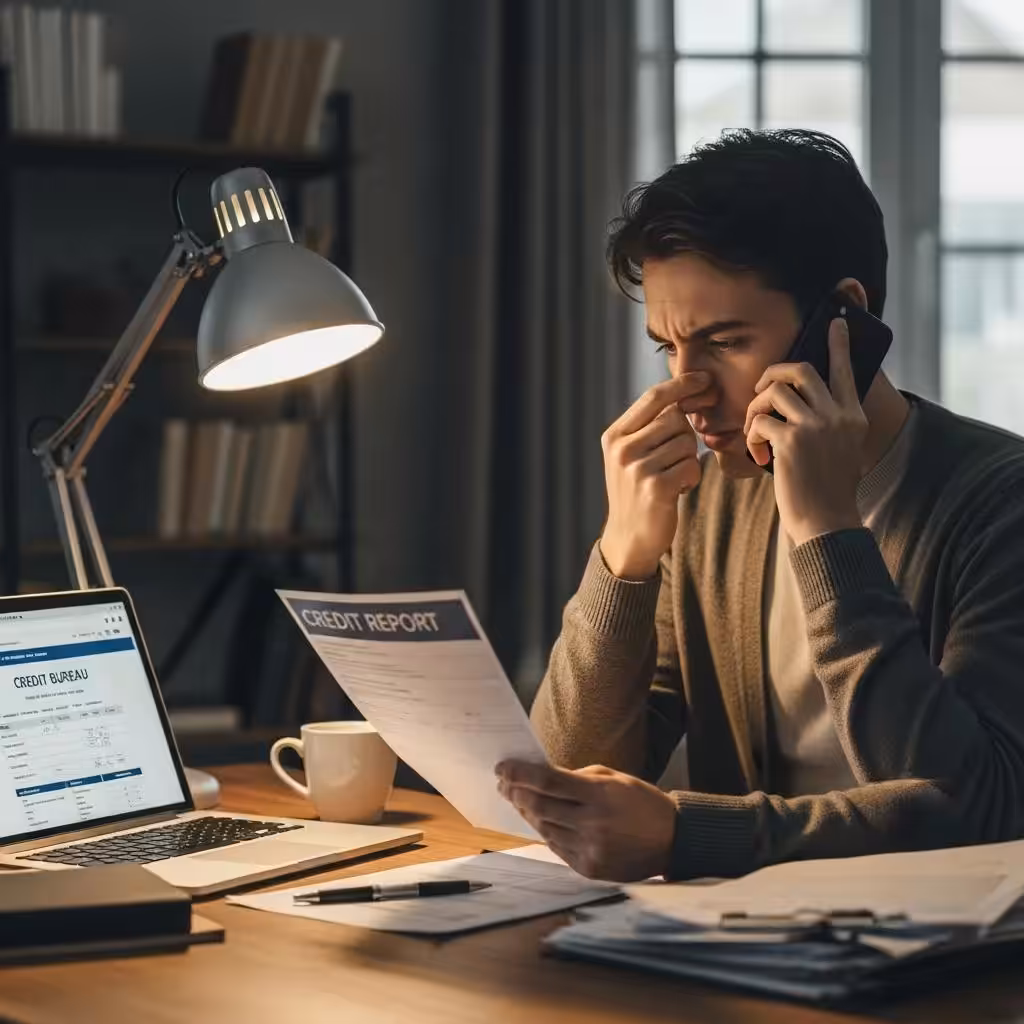 Person on the phone disputing credit report errors, surrounded by paperwork in a home office