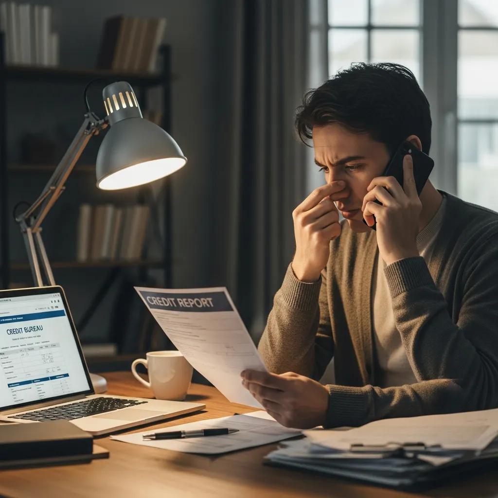 Person on the phone disputing credit report errors, surrounded by paperwork in a home office