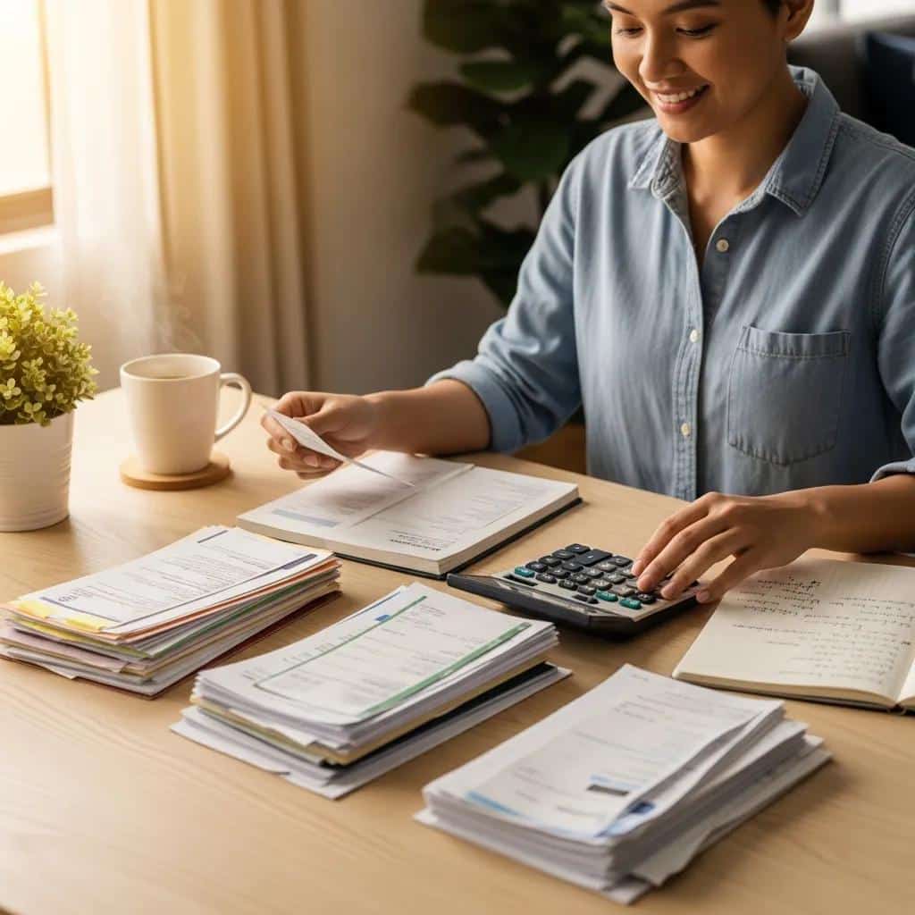Person organizing bills and financial documents for debt reduction