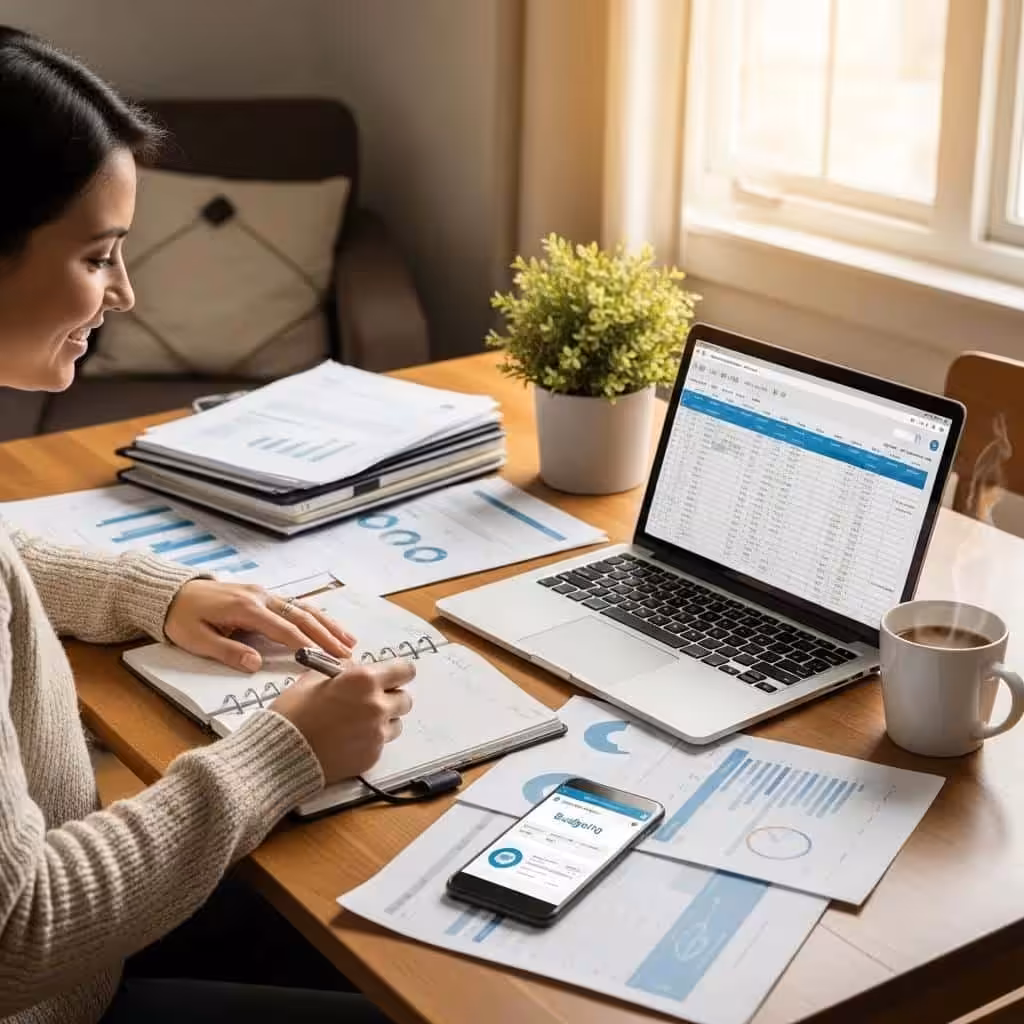 Person organizing finances at home with bills and a laptop, creating a budget