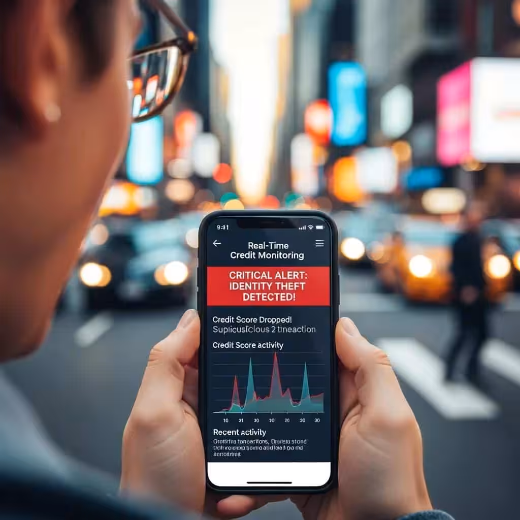Person reacting to real-time credit monitoring alerts on a smartphone, illustrating AI's impact on credit health