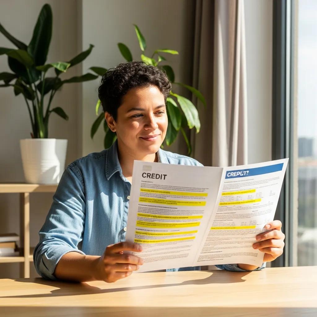 Person relieved while reviewing credit report, focusing on negative item removal