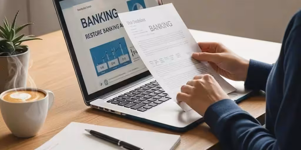 Person Reviewing Banking Documents At A Kitchen Table Emphasizing The Theme Of Restoring Banking Access 09759f59 06cf 4f0d 861a 1fe717814a19 3 Person reviewing banking documents at a kitchen table, emphasizing the theme of restoring banking access
