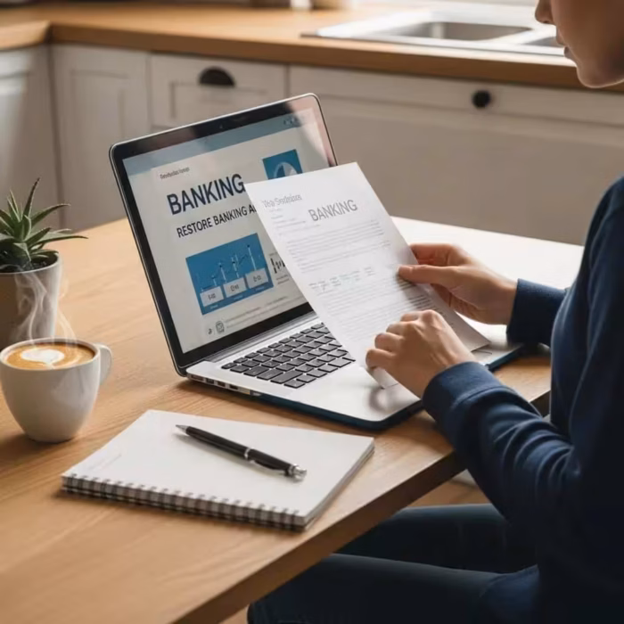 Person Reviewing Banking Documents At A Kitchen Table Emphasizing The Theme Of Restoring Banking Access 09759f59 06cf 4f0d 861a 1fe717814a19 3 Person reviewing banking documents at a kitchen table, emphasizing the theme of restoring banking access