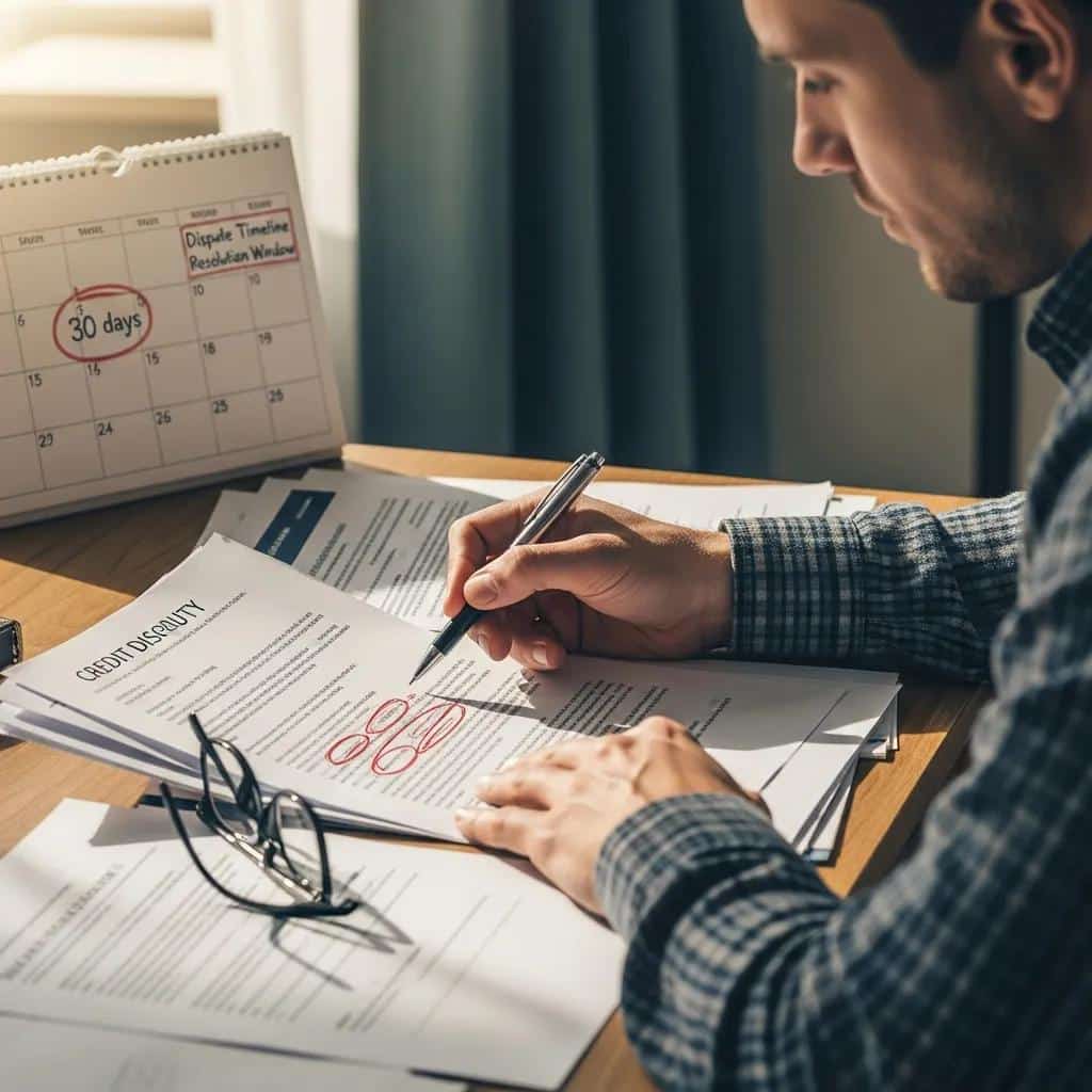 Person reviewing credit dispute documents with a calendar, illustrating the investigation timeline in the credit dispute process