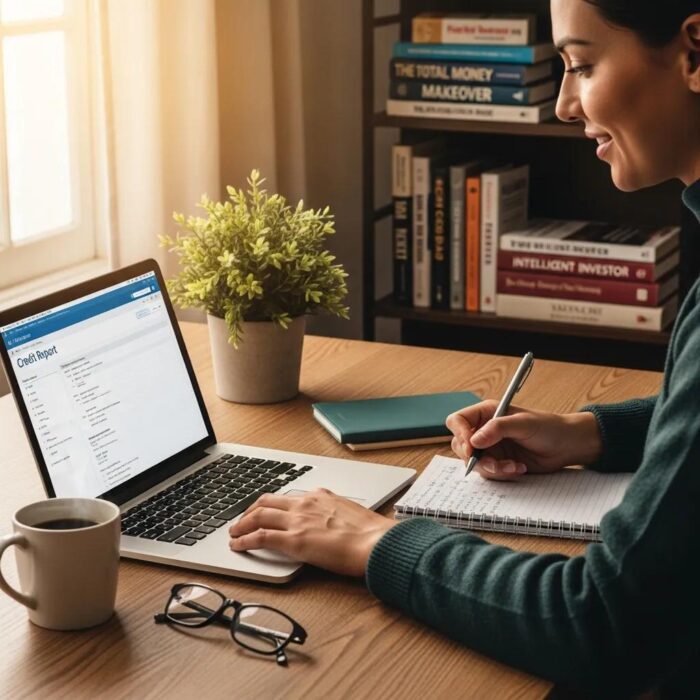 Person reviewing credit report at a cozy desk, symbolizing credit repair and financial freedom