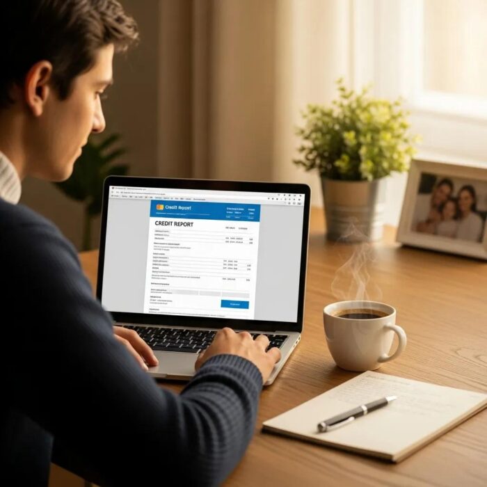 Person reviewing credit report at a cozy desk, symbolizing financial empowerment