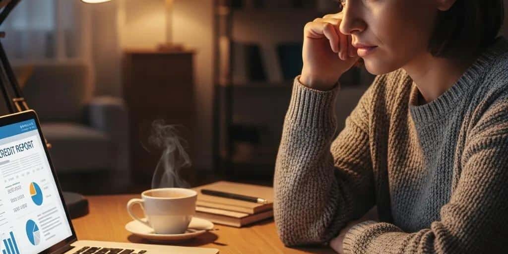 Person reviewing credit report at a cozy desk with laptop and coffee