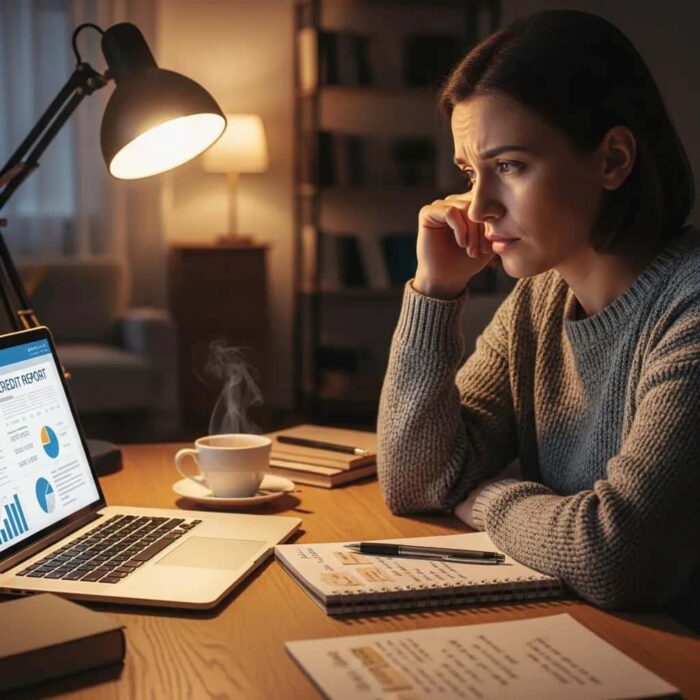 Person reviewing credit report at a cozy desk with laptop and coffee