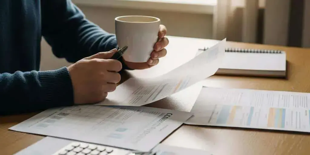 Person reviewing credit report at a cozy kitchen table with coffee