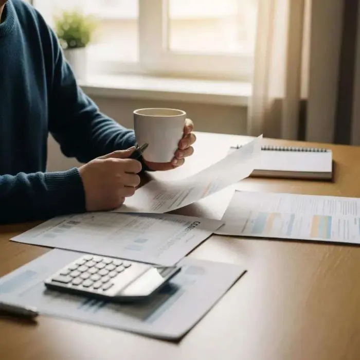 Person reviewing credit report at a cozy kitchen table with coffee