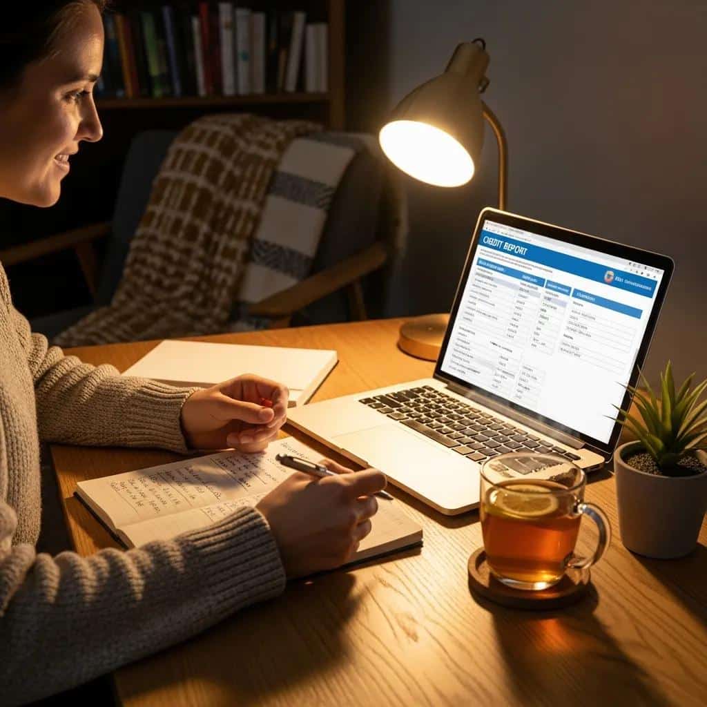 Person reviewing credit report at a desk with a laptop and notepad