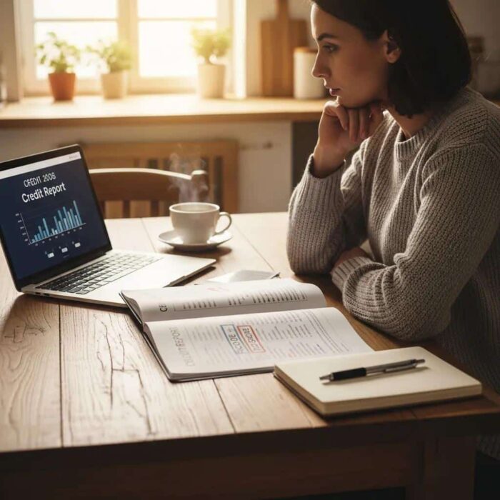 Person reviewing credit report at home, emphasizing the importance of FICO scores