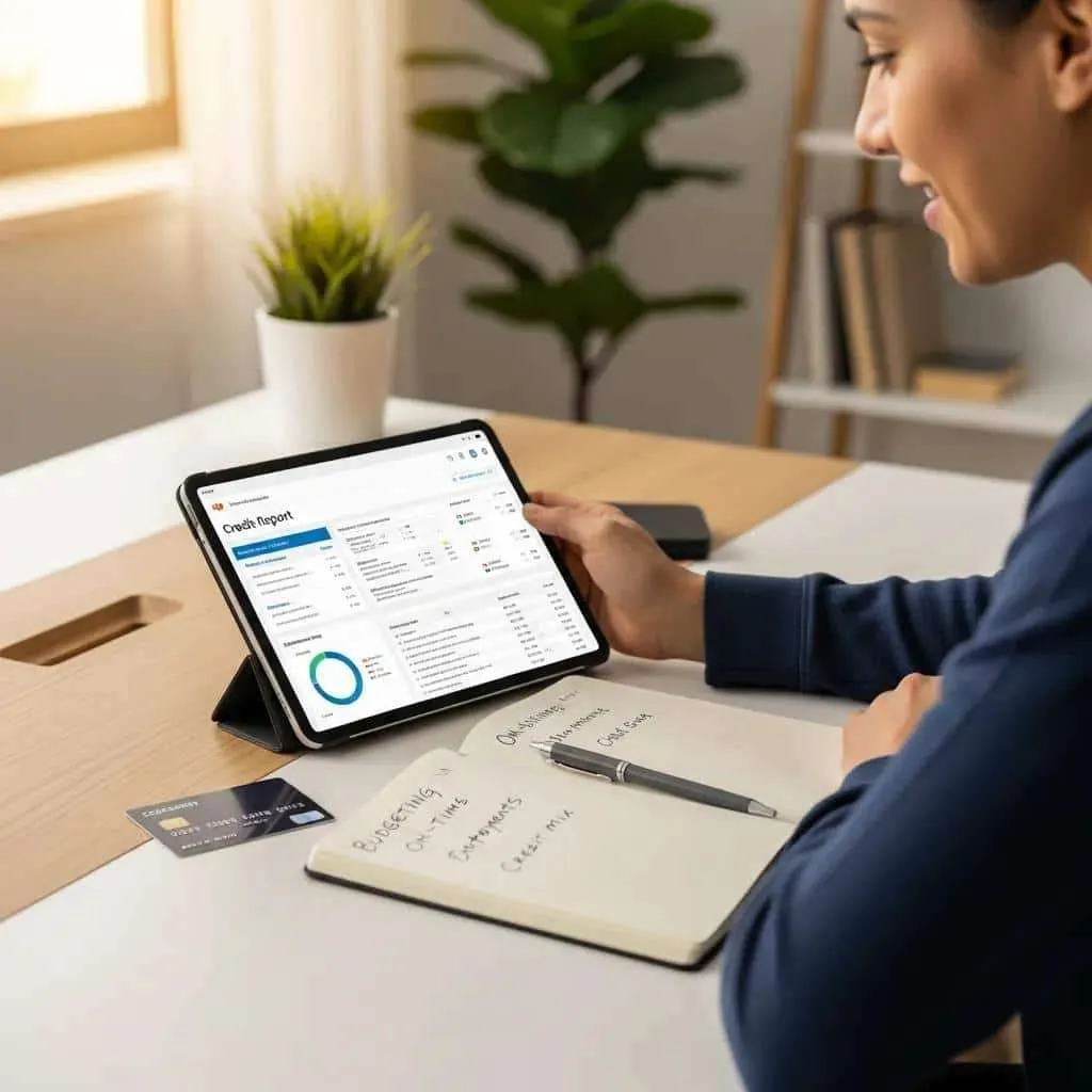 Person reviewing credit report on a tablet with secured credit card and notebook, emphasizing credit building strategies