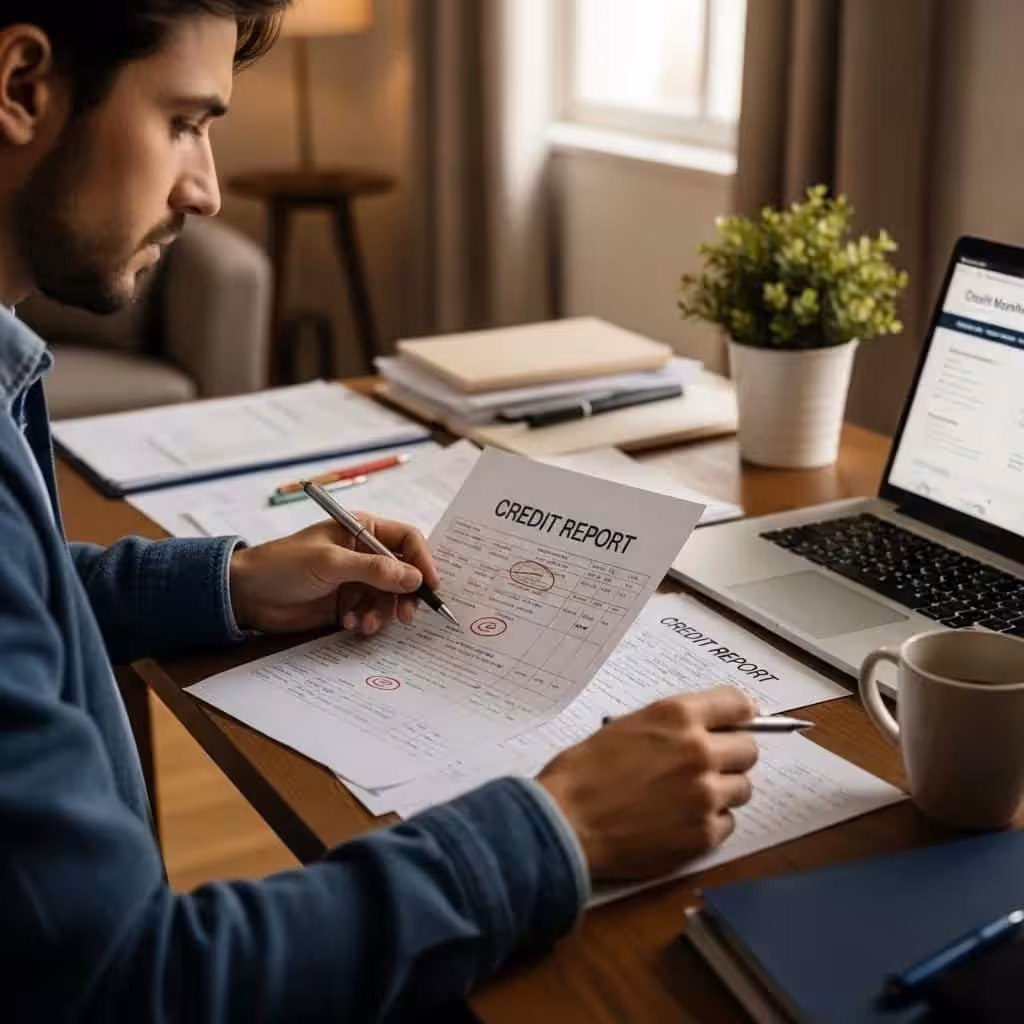 Person reviewing credit report with marked errors, highlighting the importance of accuracy