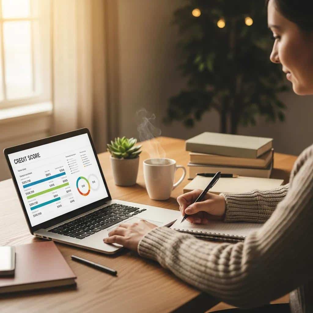 Person reviewing credit score factors at a cozy desk