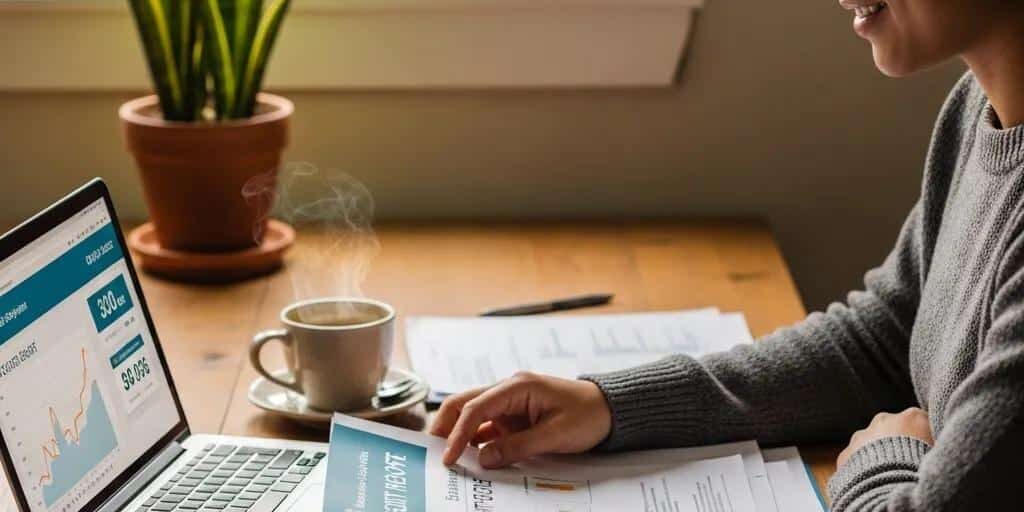 Person reviewing financial documents and a credit report at a cozy desk