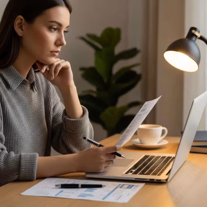 Person reviewing financial documents at a cozy desk, highlighting the importance of credit score management