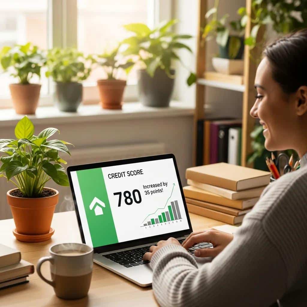Person reviewing improved credit score on a laptop