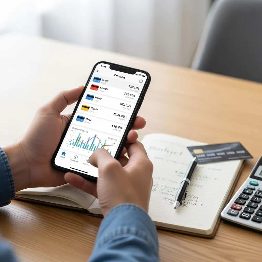 Person tracking credit card balances on a smartphone, highlighting effective credit utilization strategies