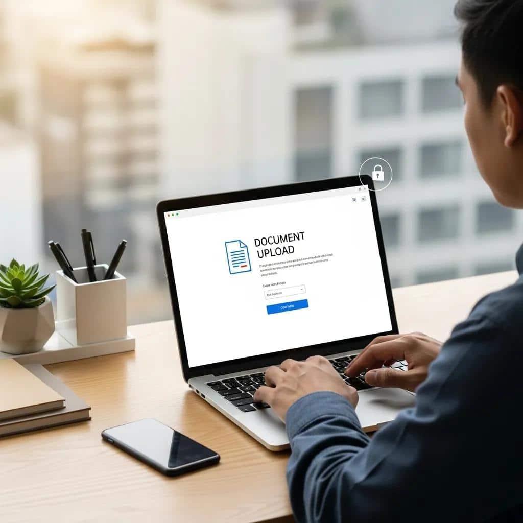 Person uploading documents on a laptop in a modern workspace, highlighting secure document management for credit repair