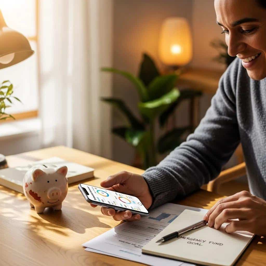 Person using a budgeting app on a smartphone with a piggy bank and notepad