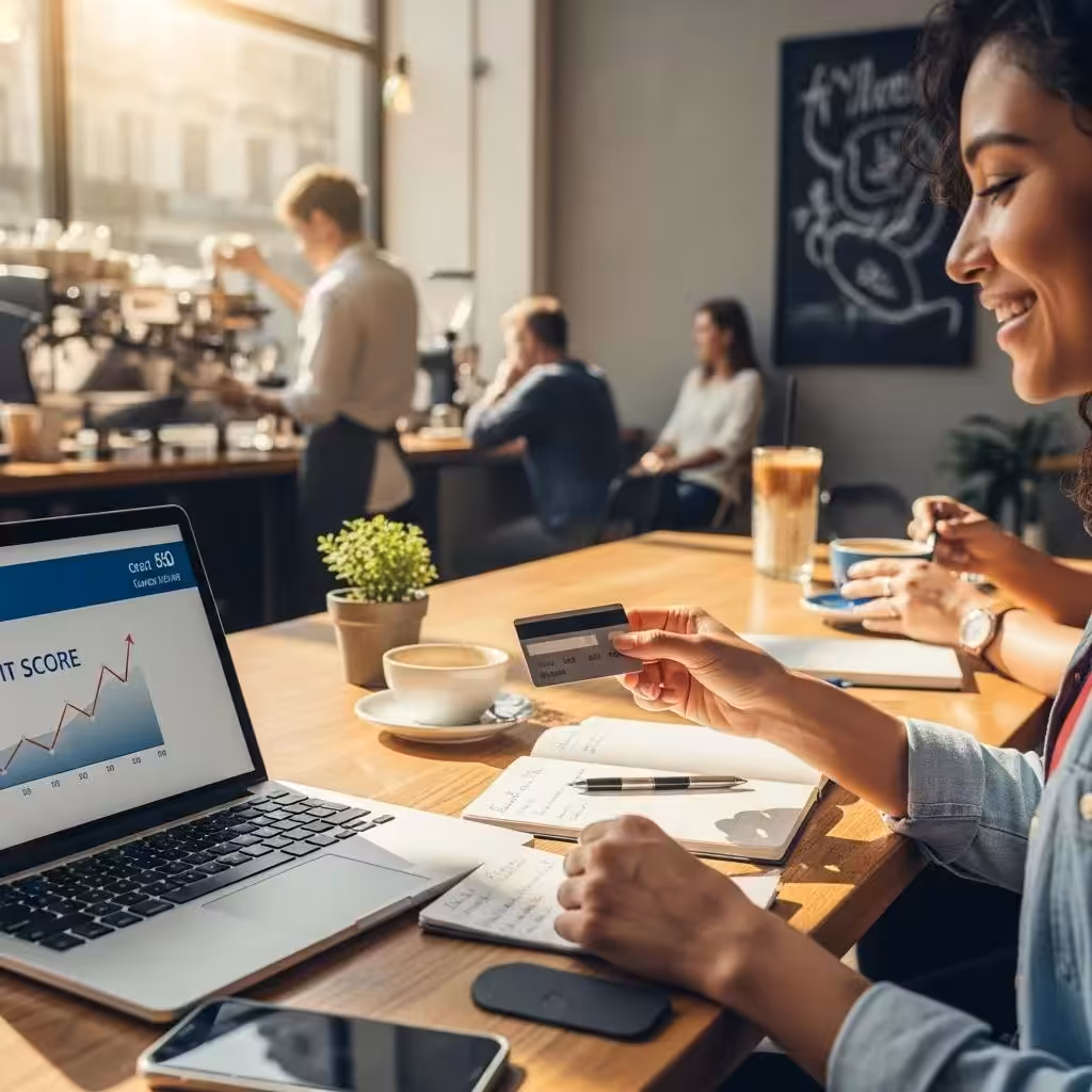 Person using a secured credit card in a cafe, representing the journey of building positive credit history
