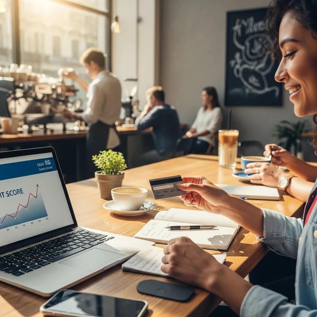 Person using a secured credit card in a cafe, representing the journey of building positive credit history