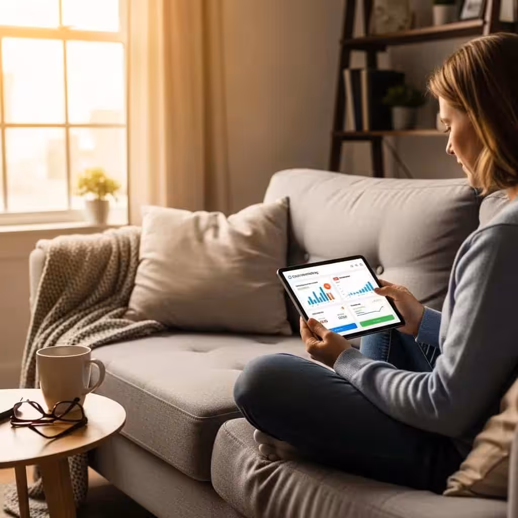 Person using a tablet for credit monitoring after freezing credit