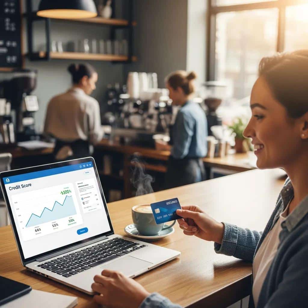 Person using secured credit card at coffee shop while checking credit score